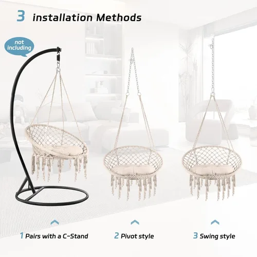 Vista 3 de Silla columpio de macramé con cojín y accesorios extraíbles, hamaca resistente tejida a mano con cuerda de algodón, soporta 330 libras para patio