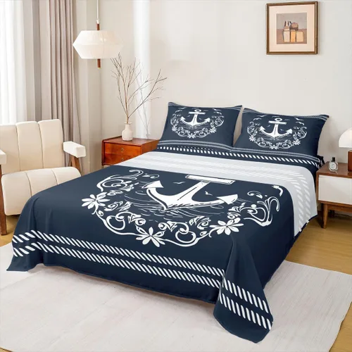Vista 7 de Erosebridal Juego de sábanas de ancla náutica, sábanas de brújula oceánica, tamaño individual para niños, adolescentes, adultos, decoración