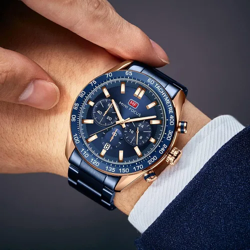 Vista 3 de Mens Watches Chronograph Analog Quartz Business Dress Stainless Steel Casual Blue Wrist Watch Date Waterproof Reloj De Hombre Luminous Multifunction