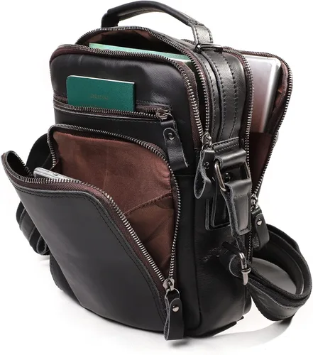 Vista 6 de Bolso bandolera pequeño de cuero genuino para hombre, bolso cruzado de hombro vintage para trabajo, negocios, viajes