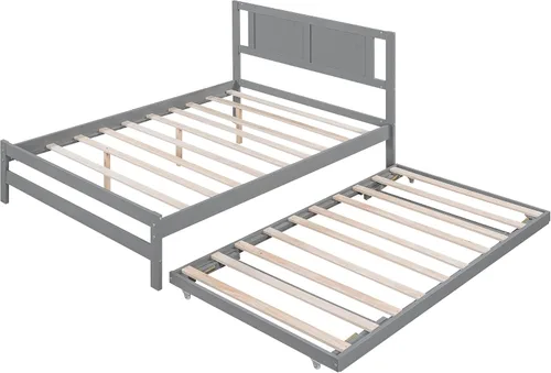 Vista 9 de Harper & Bright Designs Base de cama de tamaño matrimonial con nido ajustable, cama de plataforma matrimonial de madera con cabecero, marco de cama