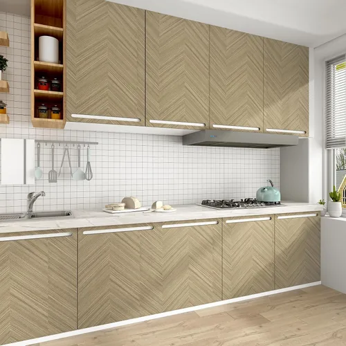 Vista 2 de Wallercity Papel tapiz de espiga marrón claro para despegar y pegar, diseño de rayas modernas, papel tapiz autoadhesivo con aspecto de madera, papel