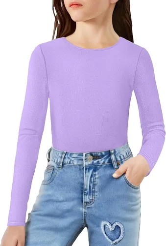 Vista 11 de Arshiner Camisas de punto acanalado de manga larga para niñas, suaves, ajustadas, cuello redondo, casual, capa base Blanco