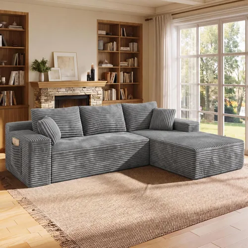 Vista 22 de WINBOY Sofás deshuesados en forma de L de 106 pulgadas para sala de estar, cómodo sofá modular de pana comprimido con bolsillo lateral, Chiase