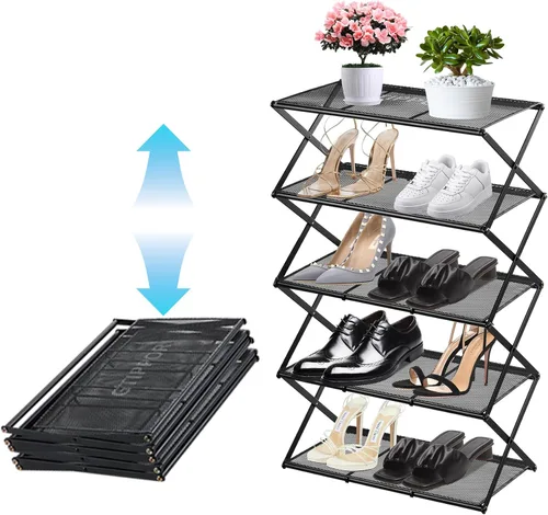 Vista 10 de Zapatero pequeño para entrada, organizador de zapatos de 3 niveles, estante de almacenamiento de zapatos plegable de metal, instalación cero