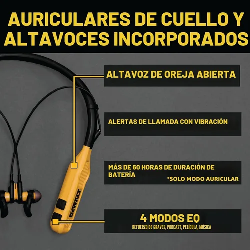 Vista 2 de DEWALT Ultimate Jobsite Audio Bundle Auriculares inalámbricos, altavoz de clip y auriculares con banda para el cuello