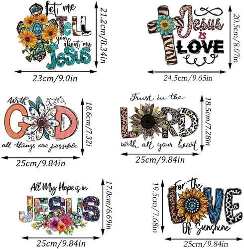 Vista 2 de 6 hojas de parches y calcomanías de transferencia de Jesús para planchar, decoraciones de prensa de calor, calcomanías de vinilo de transferencia