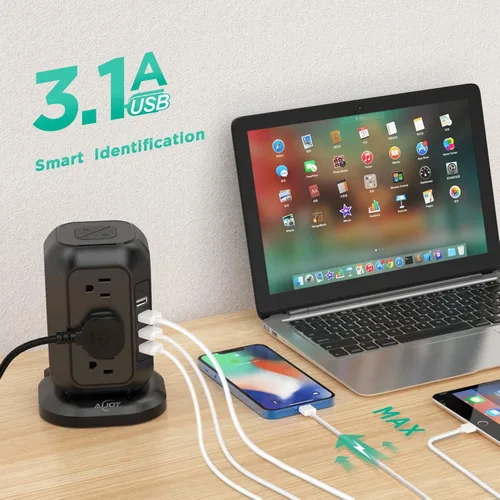Vista 4 de Torre de tira de alimentación con cable de 16.4 pies, protector de sobretensiones con 12 tomas de CA y 4 puertos USB, cable de extensión de estación