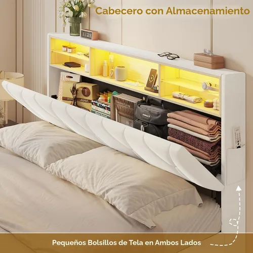 Vista 5 de HAUOMS - Base de cama de tamaño matrimonial con cabecera de almacenamiento y luces LED RGB, color crema
