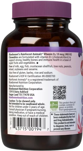 Vista 9 de Bluebonnet Nutrition Rainforest Animalz - Tableta masticable de vitamina D3 de 400 UI, sin soja, lácteos y gluten, sin OMG, certificado Kosher, apto