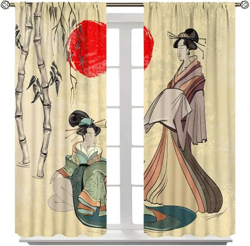 Vista 8 de Cortinas de estilo japonés, Kyoto Geisha Girls Asian Ink Painting - Cortinas de tela de poliéster con estampado de Japón antiguo para dormitorio