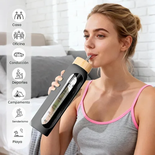 Vista 6 de Botella de agua de vidrio de 32 onzas con marcador de tiempo, tapa de boquilla con asa de 2 tapas y tapa de popote de bambú, botella de agua Negro