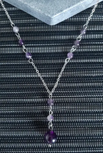 Vista 5 de Natural Crystal Bead Purple Amethyst Y Shaped Lariat Necklace Non-Tarnish Steel Chain