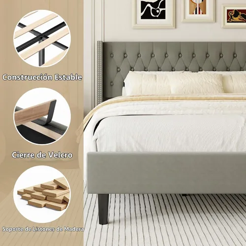 Vista 4 de HAOARA Base de cama de tamaño matrimonial, plataforma tapizada con cabecera con respaldo de ala, botón de terciopelo, fácil montaje, no necesita
