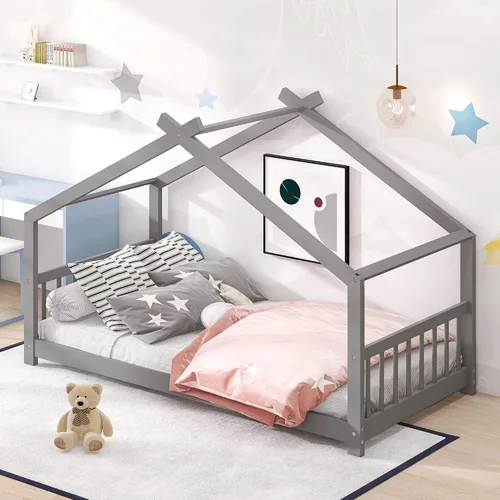 Vista 10 de Merax Camas Montessori de madera para niños con cabecero, marco de cama de suelo para niños y niñas, no necesita somier (individual, espresso)