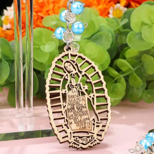 Vista 6 de Hicarer 30 piezas de llavero de bautismo regalo de bautizo recuerdos de bautizo para cruz llavero de madera con bolsas de organza (perlas azules)