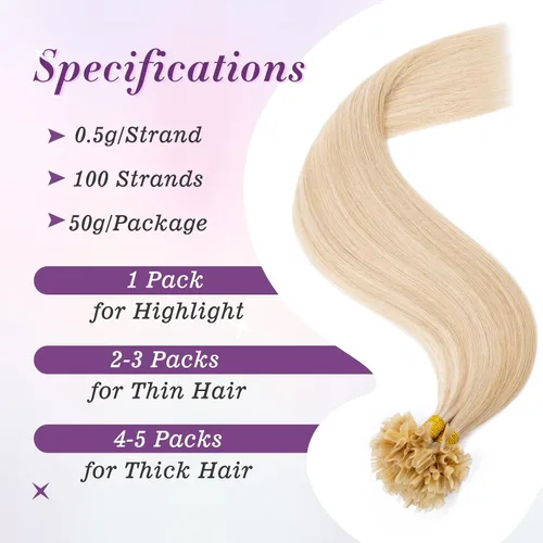 Vista 4 de Extensiones de cabello humano real con punta en U, color rubio ceniza y rubio decolorado, extensiones de cabello de fusión caliente, extensiones