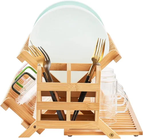 Vista 10 de Escurridor de platos de bambú, estante plegable de 2 niveles con soporte para utensilios, estante de secado de platos de madera para encimera