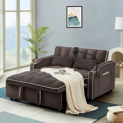 Vista 12 de Antetek Sofá cama con puerto USB y tipo C, moderno sofá biplaza convertible 3 en 1 de terciopelo extraíble con soporte para teléfono/portavasos