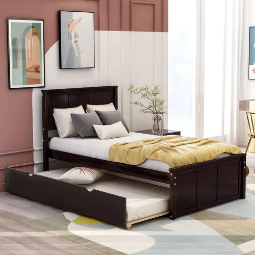 Vista 10 de P PURLOVE Marco de cama de tamaño individual con dos cajones debajo, marco de cama de plataforma doble de madera con cabecera con soporte de Espresso