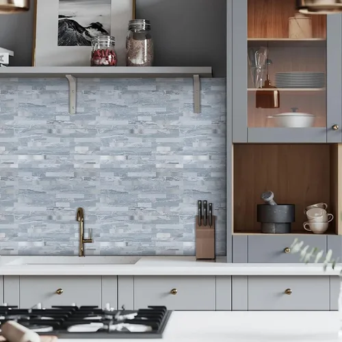 Vista 5 de Midcard 10 Hojas de Azulejos de Pared PVC para Salpicaduras, de Pelar y Pegar, para Salpicaduras de Cocina Rectangular Marrón Oscuro