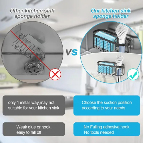 Vista 3 de Soporte de esponja 2 en 1 para fregadero de cocina, organizador de fregadero de cocina con 3 ventosas, soporte de esponja para fregadero a prueba