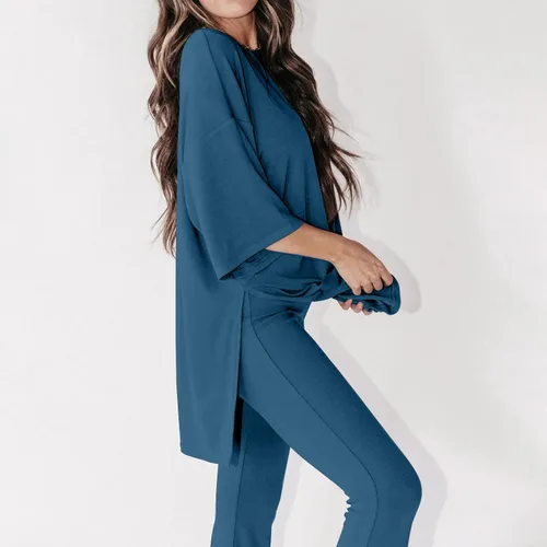 Vista 6 de Gumipy Women's 2 Piece Outfit All Weekend Long Pant Set Casual Fall Outfits 34 Sleeve Ribbed T-Shirt & Wide Leg Pants Tracksuit