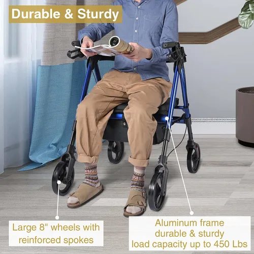 Vista 4 de AW Andador con asiento plegable, andador bariátrico vertical médico para personas mayores, aluminio resistente con doble freno, soporta hasta 450