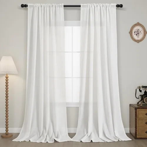Vista 51 de Cortinas de lino verde aguamarina de 84 pulgadas de largo, juego de 2 paneles semitransparentes con bolsillo para barra para comedor, decoración