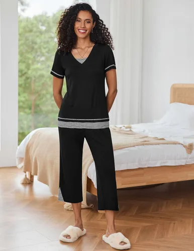 Vista 2 de Ekouaer Conjunto de pijama de manga larga para mujer, conjunto de pijama con cuello en V y bolsillos
