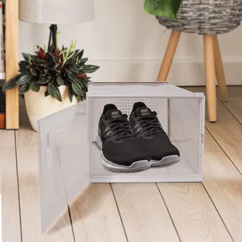 Vista 5 de Paquete de 12 contenedores apilables de almacenamiento para zapatos deportivos, plástico transparente, caja de zapatos plegable para organizar