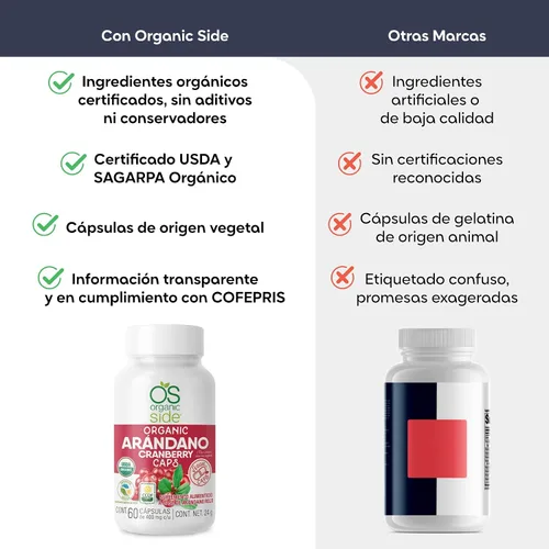 Vista 3 de OS Organic Side - Arándano orgánico 60 cápsulas - Prevención de infecciones urinarias - Certificado USDA - Sin OMG - Vegano