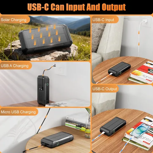 Vista 3 de Cargador portátil inalámbrico de 33800 mAh con 4 cables integrados, batería de carga rápida con 7 salidas, 4 entradas, linterna LED de campamento