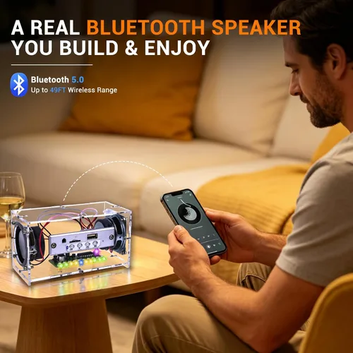 Vista 4 de MiOYOOW Kit de altavoz Bluetooth DIY con luces LED, proyecto electrónico STEM Portable Stereo Amplifier Circuit Board Kit, Soldering Practice Kit