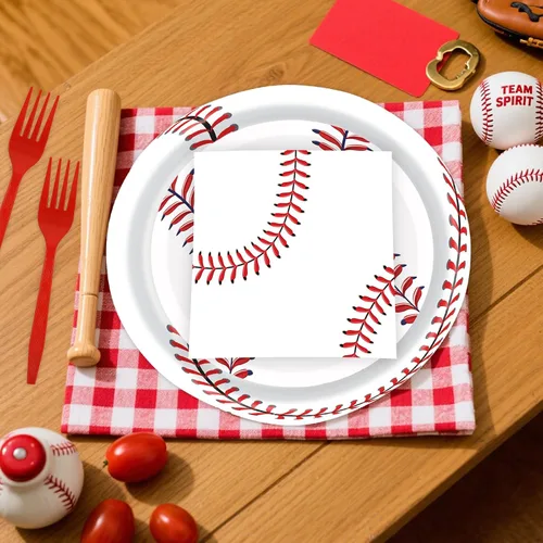 Vista 5 de 96 platos de papel de béisbol y servilletas para fiesta, platos de fiesta de béisbol, servilletas y tenedores, juego de vajilla desechable