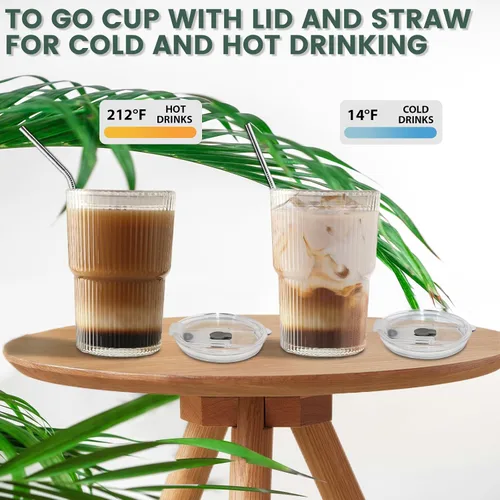 Vista 6 de HIGIINC Tazas de café helado con tapas y pajitas 2 piezas, juego de 16 OZ de vasos irrompibles para beber, vasos de plástico transparente
