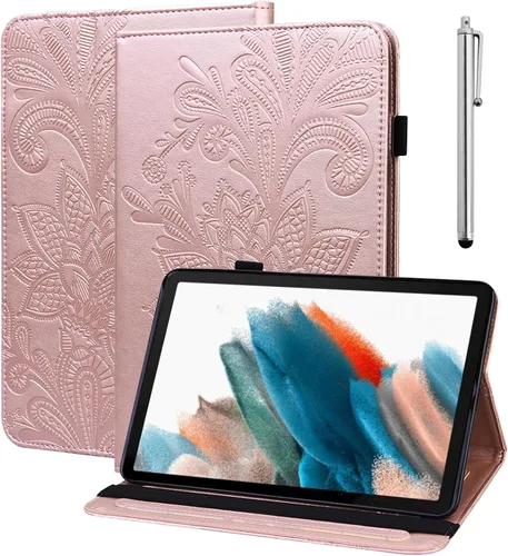 Vista 10 de Amazon Kindle Fire HD 8 8ª/7ª/6ª generación 2016/2017/2018, diseño de flores de encaje en relieve de piel sintética, a prueba de golpes, con soporte