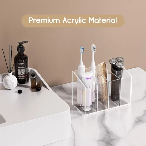 Vista 3 de Acina Organizador de brochas de maquillaje transparente, 2 unidades, acrílico, 3 ranuras, organizador de almacenamiento de cepillos cosméticos