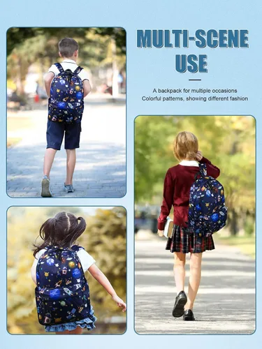 Vista 5 de Mochila escolar negra para niños, mochila impermeable duradera con compartimento para laptop, Mochila Azul Espacio, Moderno