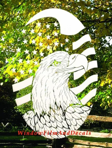 Vista 5 de Calcomanía ovalada de vinilo para ventana, grabado vertical, bandera y águila, 8 x 12 pulgadas, color blanco con elementos de diseño transparentes