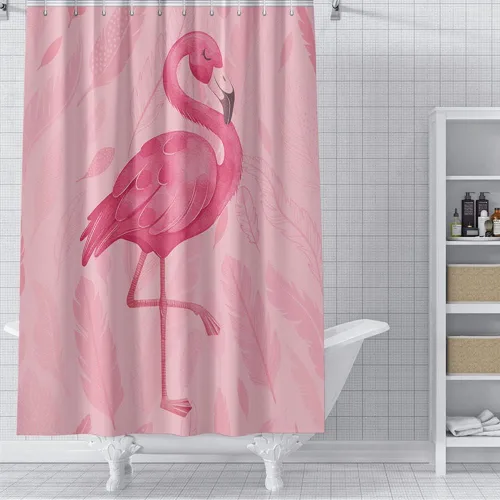 Vista 2 de Bonita cortina de ducha de flamenco, cortinas de ducha de baño rosa y gris, juego de cortinas de baño bohemias de arte moderno con ganchos, 60 x 72