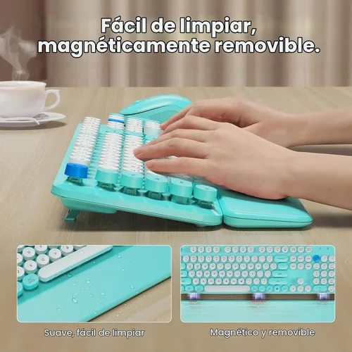 Vista 3 de Combo de teclado y mouse inalámbricos con reposamuñecas magnético, teclas redondas, teclado retro de tamaño completo, patas inclinables de dos Azul