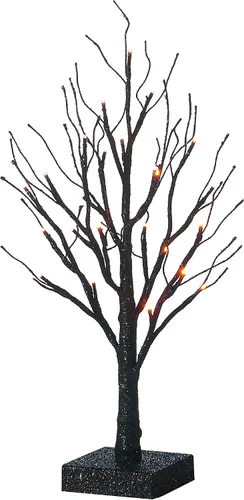 Vista 4 de Hairui Árbol espeluznante de mesa iluminado con purpurina negra con luces naranjas, 24 LED de 18 pulgadas, para decoración de bruja de Halloween