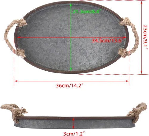 Vista 7 de Hipiwe Bandeja ovalada de hierro galvanizado con asa de cuerda, bandeja de servir rústica industrial para granja, pieza decorativa central para mesa