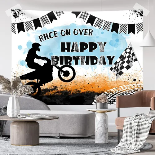 Vista 3 de Telón de fondo de motocicleta con texto en inglés "Race On Over Motocross Racing Fotografía", decoración de fiesta de cumpleaños, suministros