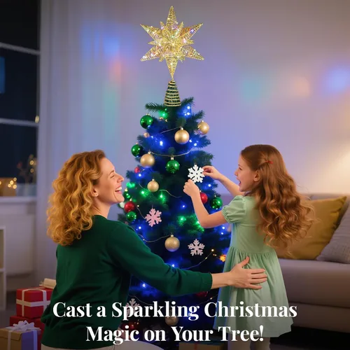 Vista 6 de Lewondr - Estrella para punta de árbol de Navidad, alimentación USB, control remoto, diseño hexagonal multicapa de 11 pulgadas, 8 modos de luz