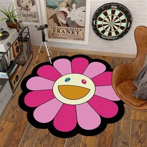 Vista 19 de 100x100cm (40x40 pulgadas) Alfombra de Takashi Murakami con diseño de flores, material suave y duradero para decoración del hogar y uso en la 02