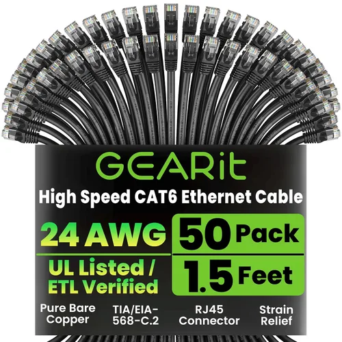 Vista 18 de GEARit Paquete de 50 cables Ethernet Cat6 de 0.5 pies Cable de conexión de red RJ45, conectores chapados en oro sin enganches de 10 Gbps, cable