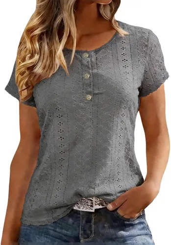 Vista 9 de Camiseta de manga corta con cuello redondo para mujer, blusa holgada con ojales, casual, holgada, para vacaciones, playa, lunares suizos