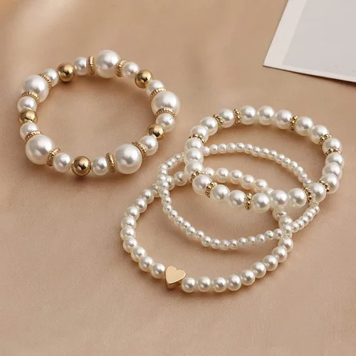 Vista 3 de Caiyao Temperament Fashion Imitated Pearl apilable capas pulseras declaración grande de perlas de imitación corazón brazalete blanco redondo perla